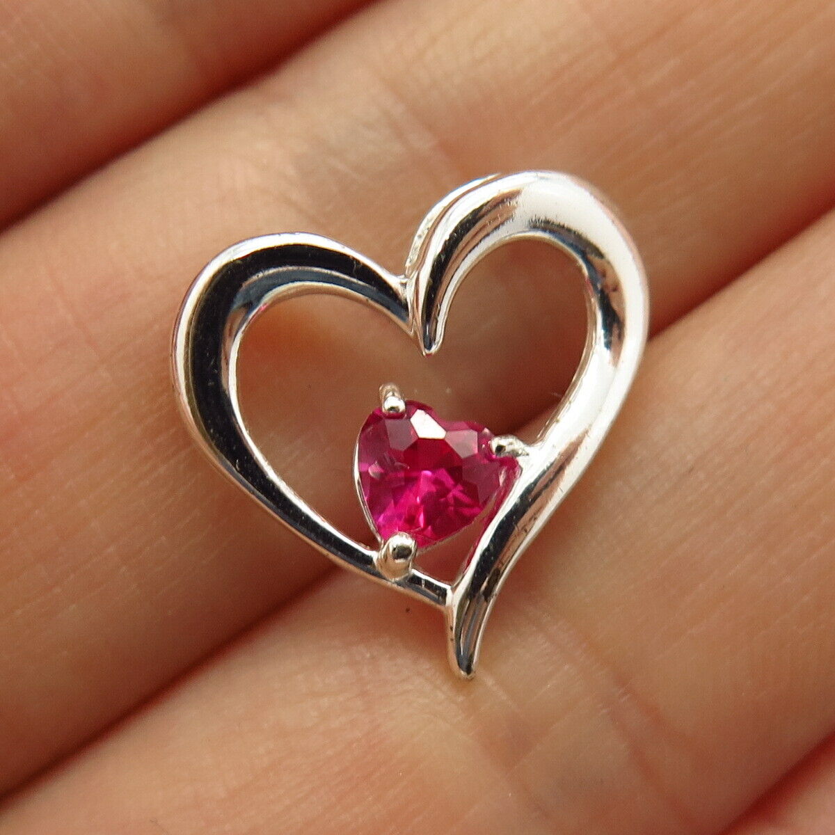 925 Sterling Silver Pink C Z Open Heart Design Slide Pendant