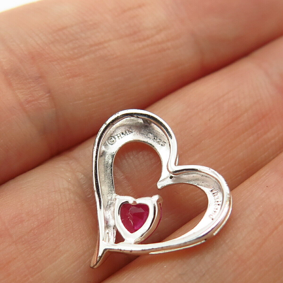 925 Sterling Silver Pink C Z Open Heart Design Slide Pendant