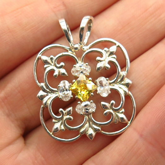 925 Sterling Silver White & Citrine-Tone C Z Fleur-De-Lis Design Slide Pendant