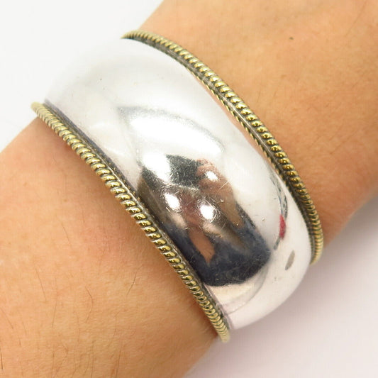 925 Sterling 2-Tone Vintage Mexico Twisted Accent Wide Cuff Bracelet 6 1/4"