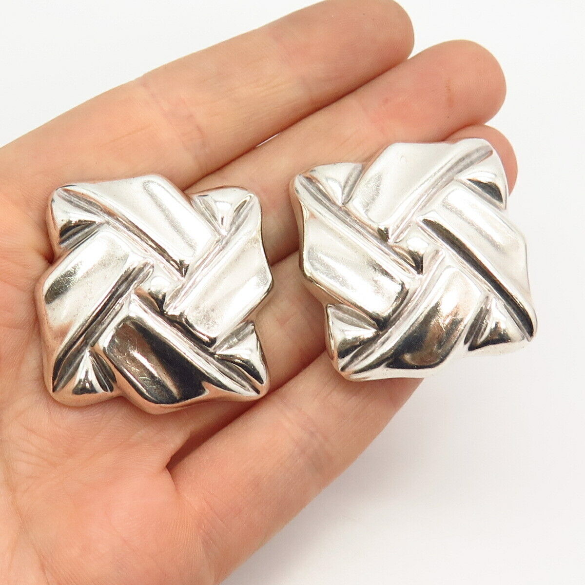 925 Sterling Silver Vintage Mexico Modernist Design Hollow Clip On Earrings