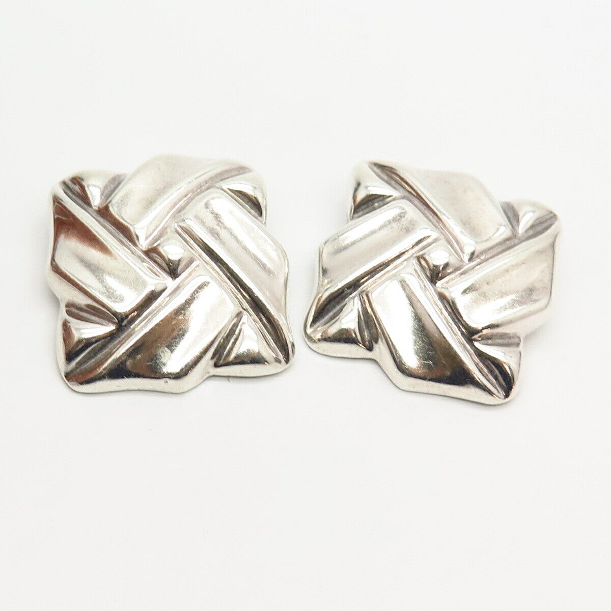 925 Sterling Silver Vintage Mexico Modernist Design Hollow Clip On Earrings