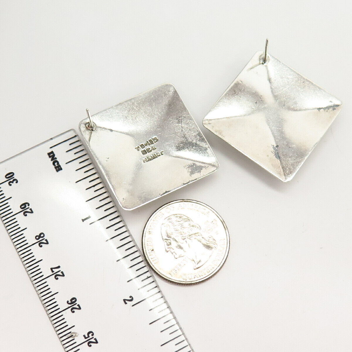 925 Sterling Silver Vintage Mexico Modernist Concave Design Square Earrings