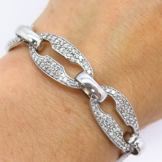 925 Sterling Silver Pave C Z Anchor Mariner Link Bracelet 7 1/4"