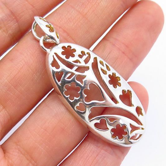 925 Sterling Silver Carved Floral Oval Design Slide Pendant