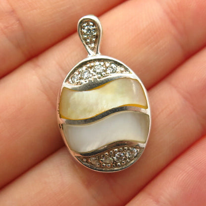 925 Sterling Silver Vintage Real Mother-Of-Pearl & C Z Oval Slide Pendant