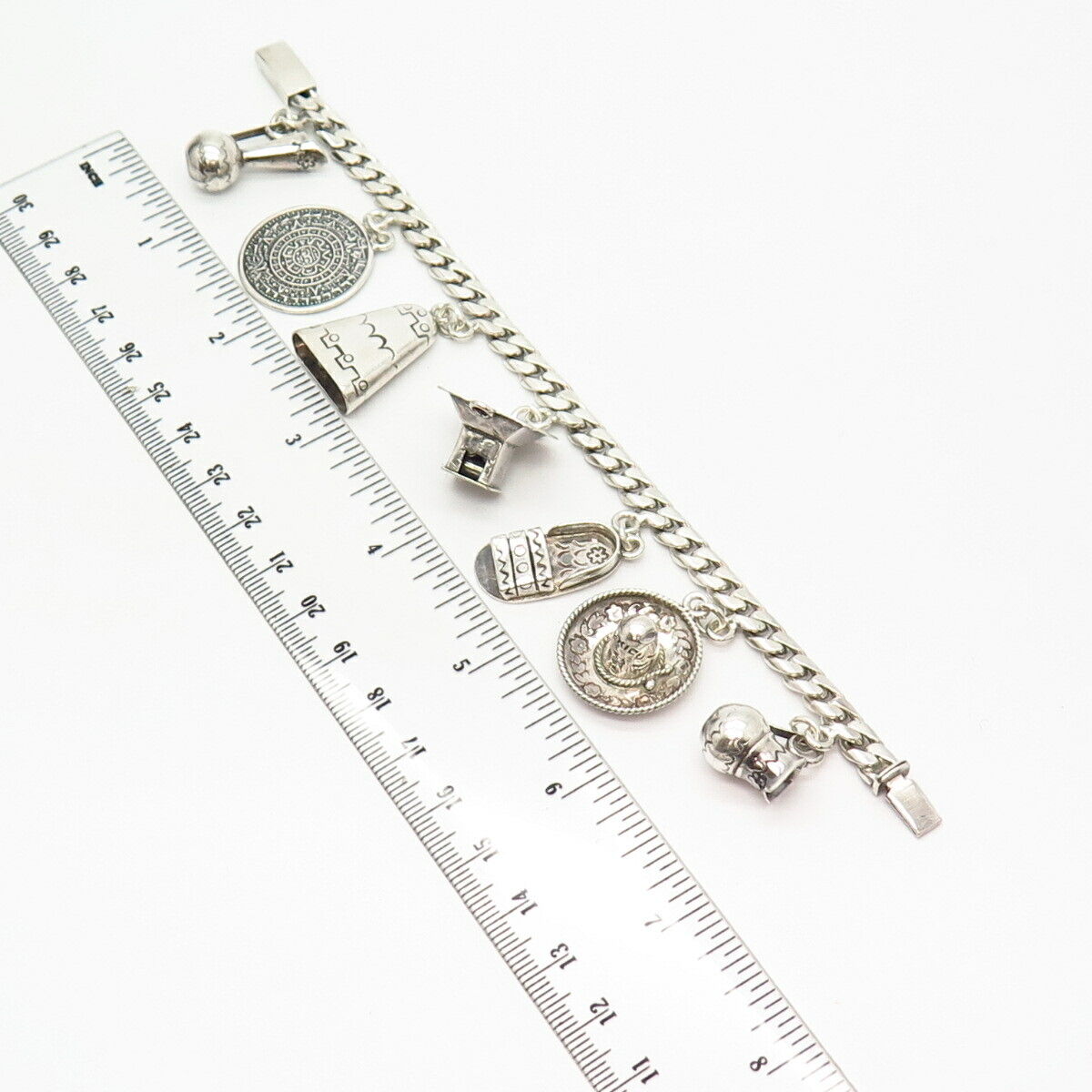 925 Sterling Vintage Mexico Aztec Tribal Theme Charms Link Bracelet 6 3/4"