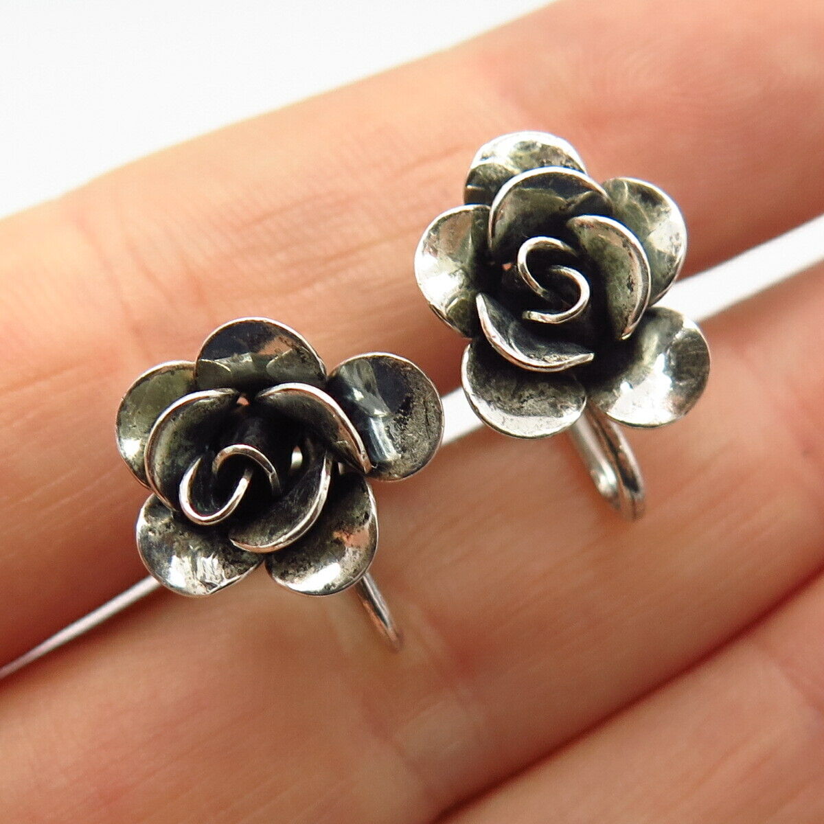 925 Sterling Silver Vintage Jewelart Rose Floral Design Screw Back Earrings