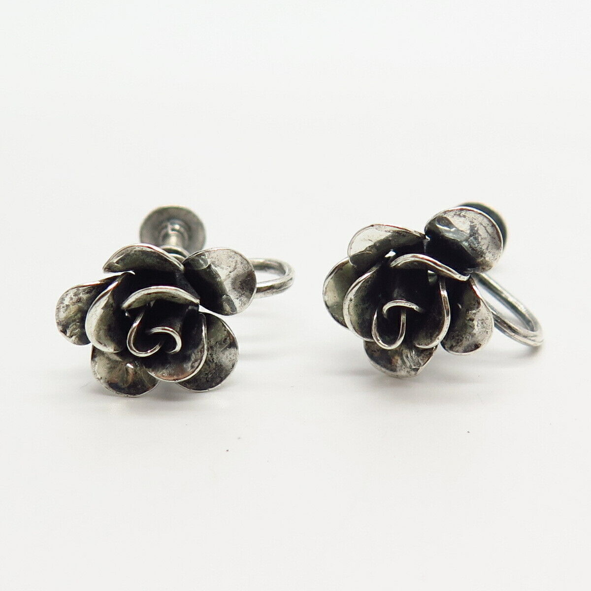 925 Sterling Silver Vintage Jewelart Rose Floral Design Screw Back Earrings