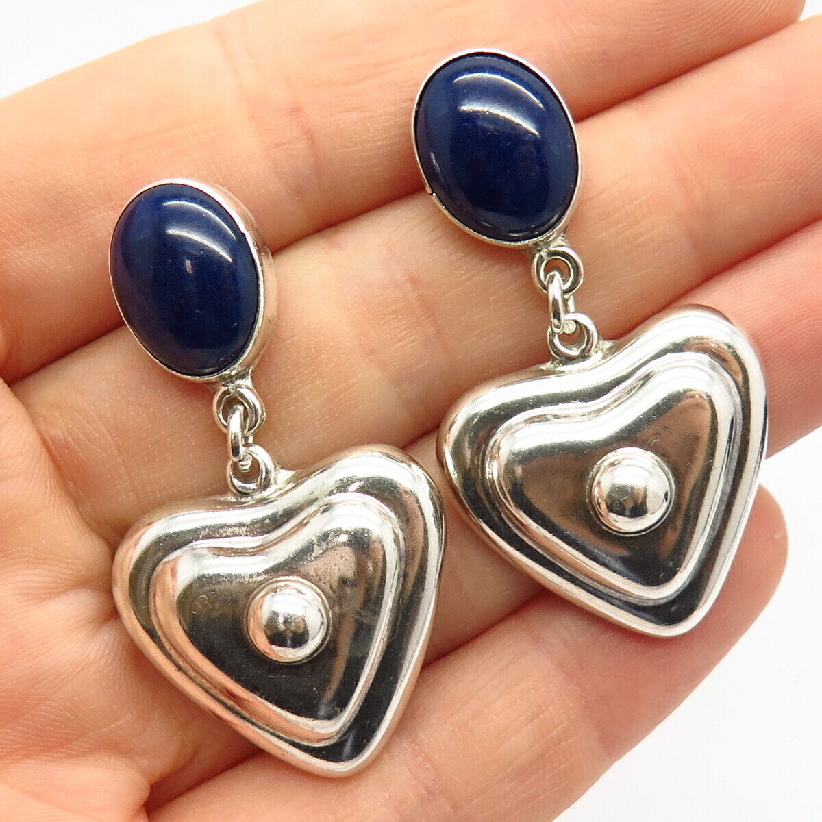 925 Sterling Silver Vintage Mexico Real Sodalite Gem Heart Dangling Earrings