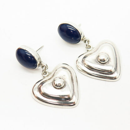 925 Sterling Silver Vintage Mexico Real Sodalite Gem Heart Dangling Earrings