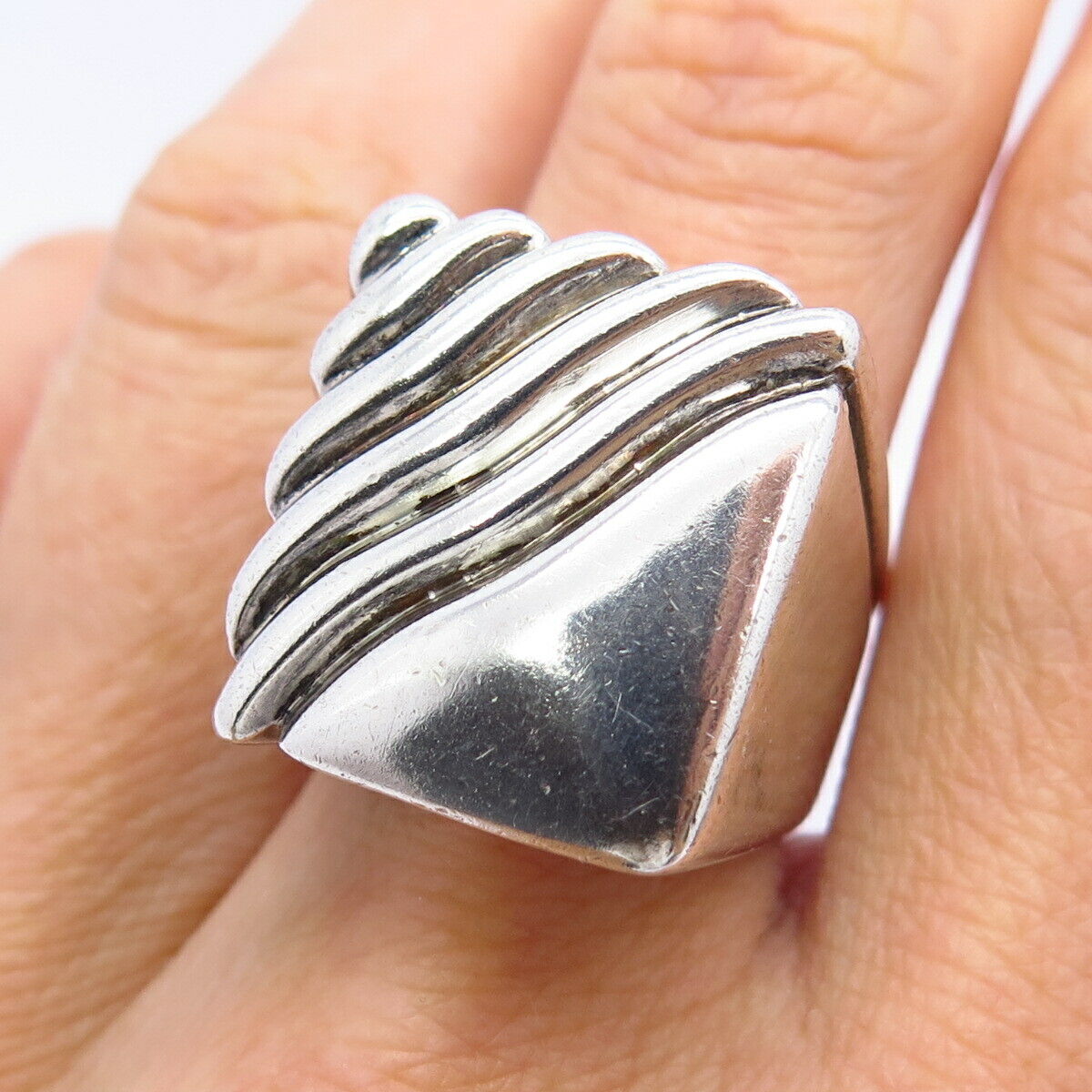 925 Sterling Silver Vintage Wide Ribbed Design Signet Ring Size 6 3/4