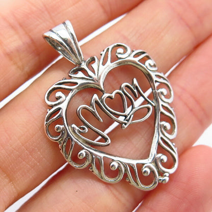 925 Sterling Silver "Mom" Open Heart Design Pendant