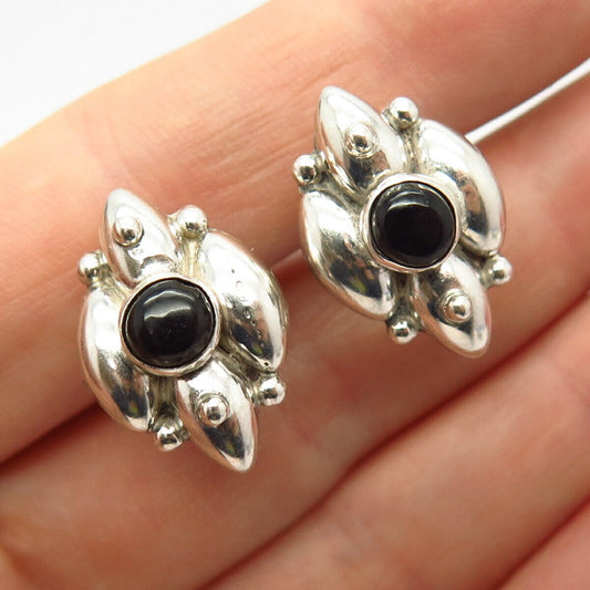 925 Sterling Silver Vintage Mexico Real Black Onyx Gem Screw Back Earrings