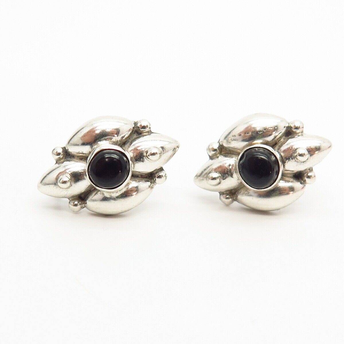 925 Sterling Silver Vintage Mexico Real Black Onyx Gem Screw Back Earrings