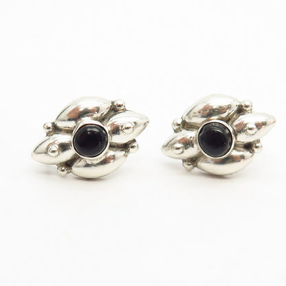 925 Sterling Silver Vintage Mexico Real Black Onyx Gem Screw Back Earrings