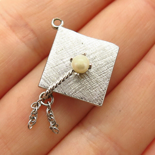 925 Sterling Silver Vintage Wells Faux Pearl Graduation Hat Charm Pendant