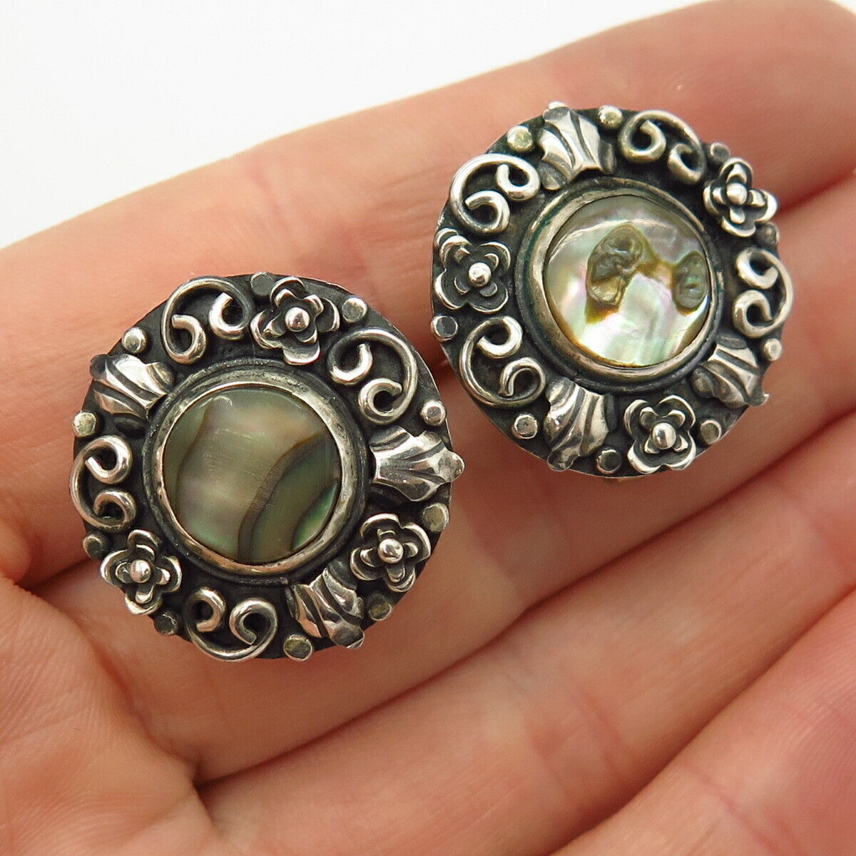 925 Sterling Silver Vintage Mexico Real Abalone Shell Floral Screw Back Earrings