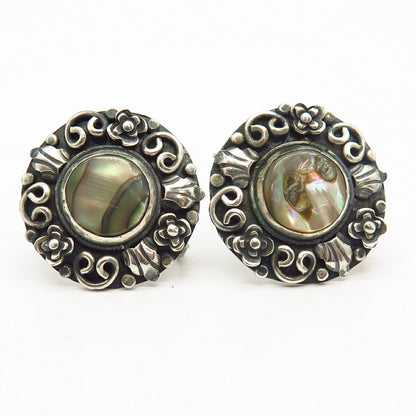 925 Sterling Silver Vintage Mexico Real Abalone Shell Floral Screw Back Earrings