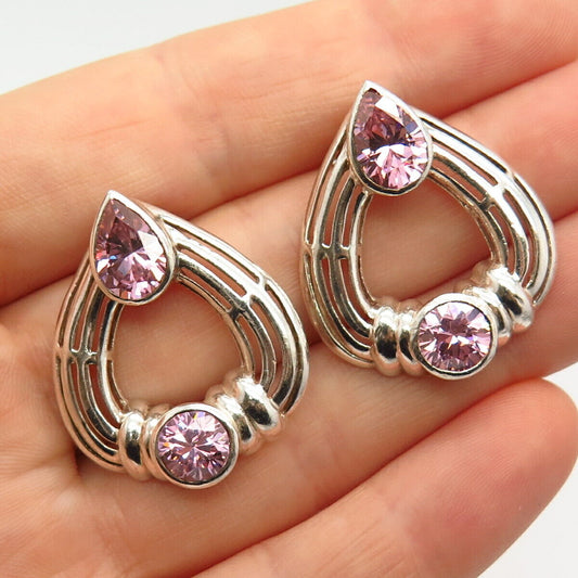 925 Sterling Silver Pink C Z Door Knocker Design Earrings