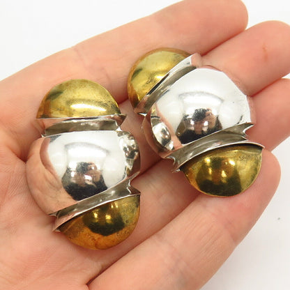 925 Sterling 2-Tone Vintage Mexico Modernist Design Hollow Clip On Earrings