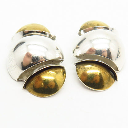 925 Sterling 2-Tone Vintage Mexico Modernist Design Hollow Clip On Earrings