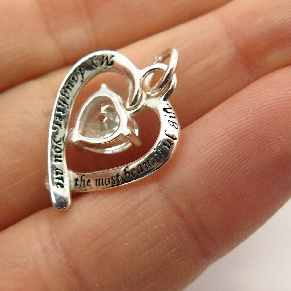 925 Sterling Silver C Z Open Heart Design Pendant