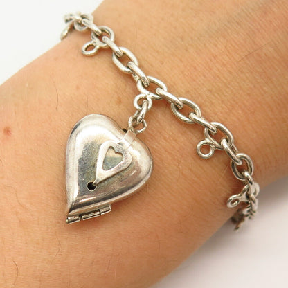 925 Sterling Silver Heart Design Locket Charm Link Bracelet 6.5"