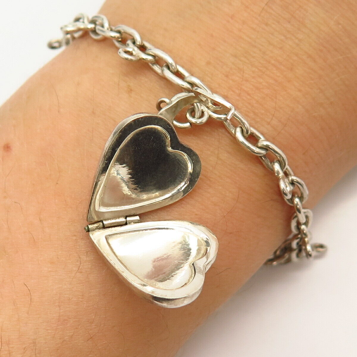 925 Sterling Silver Heart Design Locket Charm Link Bracelet 6.5"