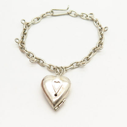 925 Sterling Silver Heart Design Locket Charm Link Bracelet 6.5"