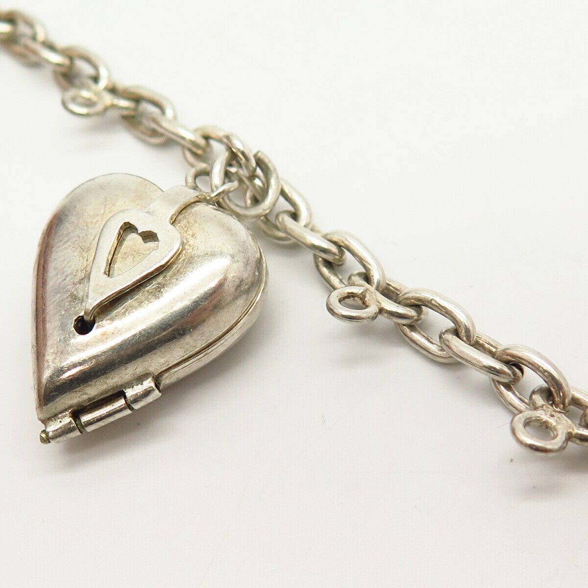 925 Sterling Silver Heart Design Locket Charm Link Bracelet 6.5"