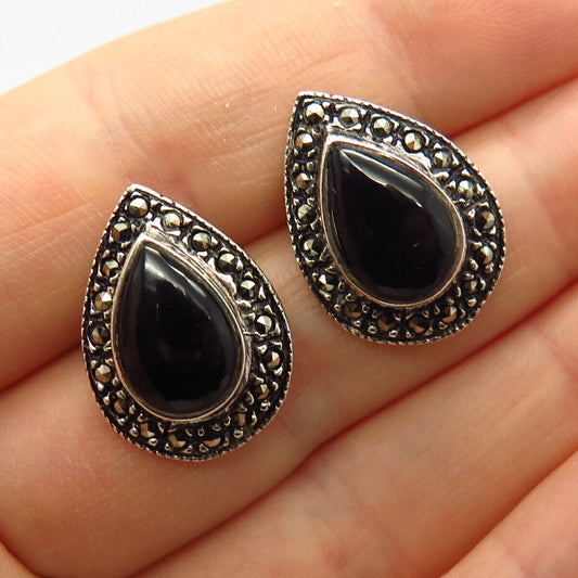 925 Sterling Silver Vintage Marcasite & Black Onyx Gem Art-Deco-Style Earrings