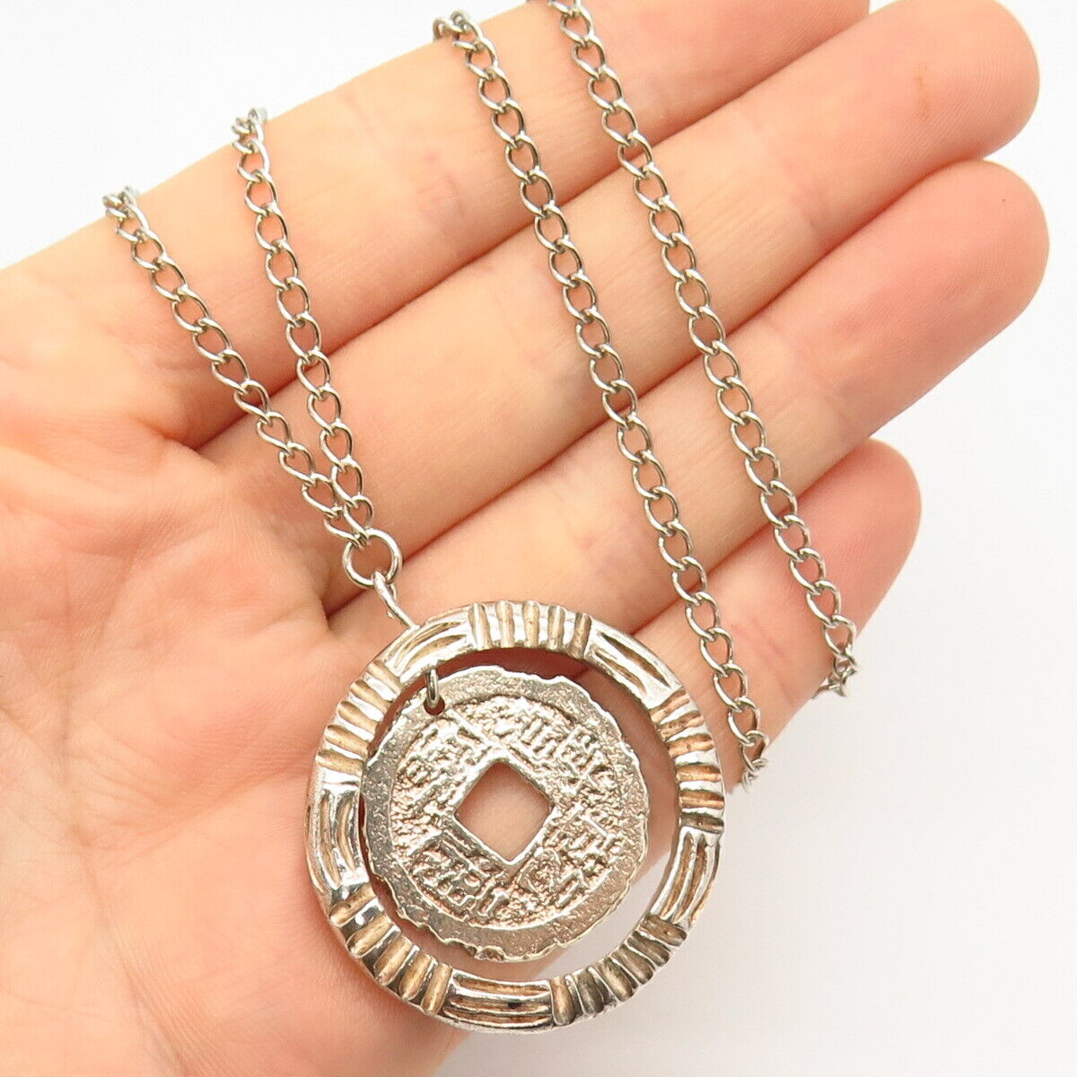 925 Sterling Silver Chinese Coin For Good Luck Chain Necklace 26"