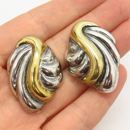 925 Sterling Silver 2-Tone Vintage Mexico Leaf Design Clip On Earrings