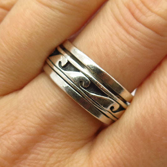 925 Sterling Silver Vintage Tribal Water Pattern Rotating Band Ring Size 9 3/4