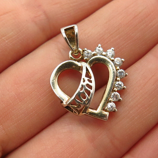 925 Sterling Silver 2-Tone C Z "Mom" Heart Design Pendant