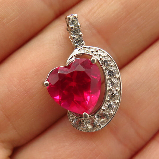 925 Sterling Silver Lab-Created White Sapphire & Ruby Gem Heart Slide Pendant