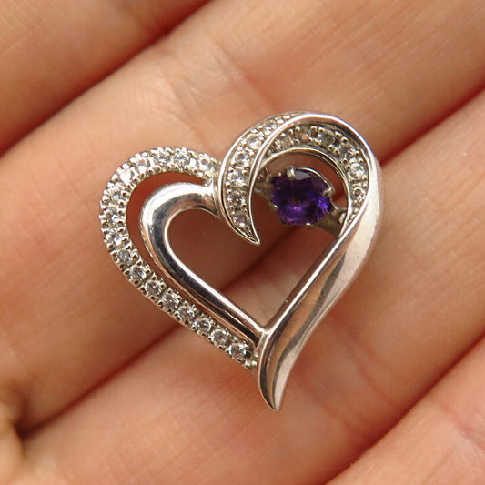 925 Sterling Silver Real White Topaz & Dancing Amethyst Gem Heart Slide Pendant