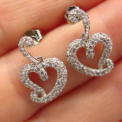 925 Sterling Silver Pave C Z Dangling Heart Shape Earrings