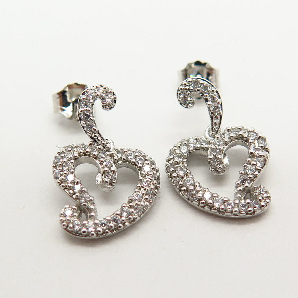 925 Sterling Silver Pave C Z Dangling Heart Shape Earrings