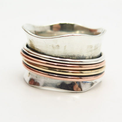 925 Sterling Silver 3-Tone Concave Design Rotating Band Ring Size 8.5