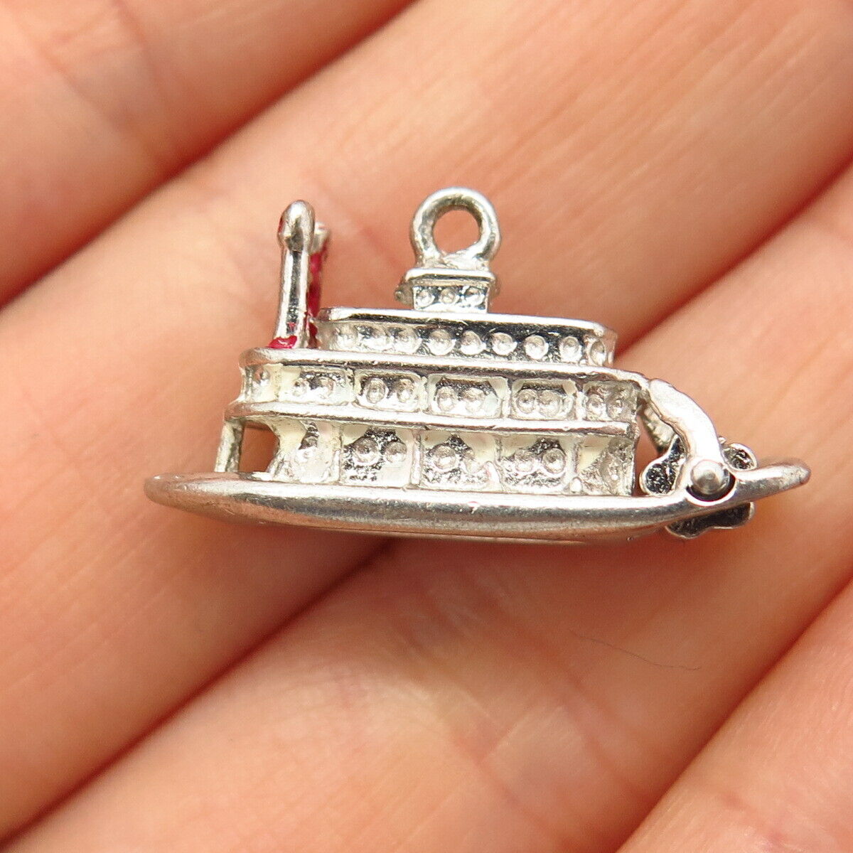 925 Sterling Silver Vintage Enamel Steamboat Design Charm Pendant