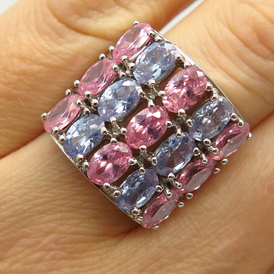 925 Sterling Silver Pink Sapphire & Cornflower-Tone C Z Wide Ring Size 7