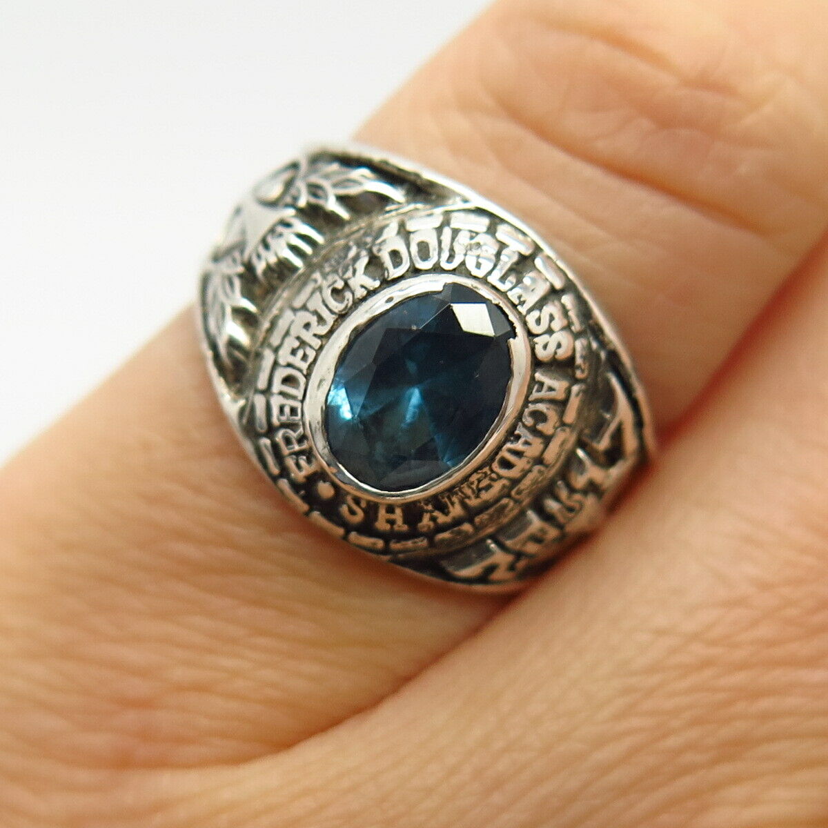 925 Sterling Silver Blue Topaz Gemstone Frederick Douglass Academy Ring Size 6.5