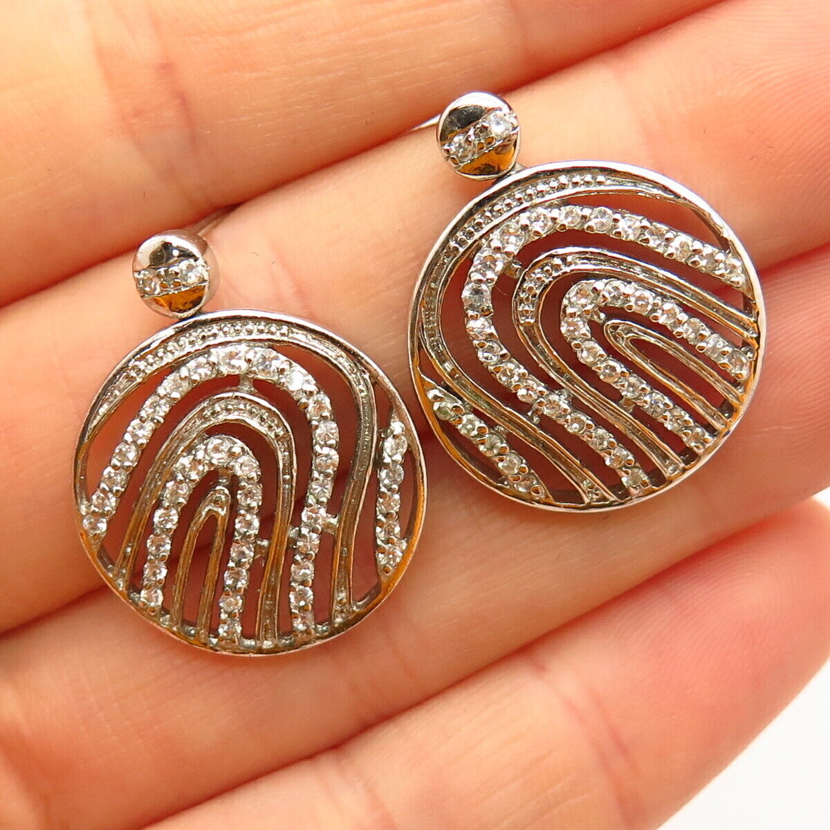 925 Sterling Silver C Z Carved Disc Design Drop Earrings