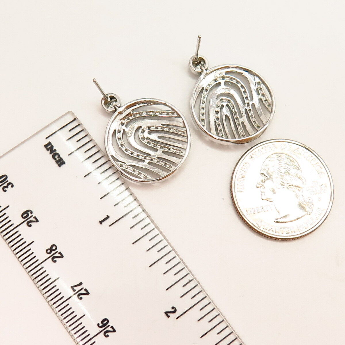 925 Sterling Silver C Z Carved Disc Design Drop Earrings