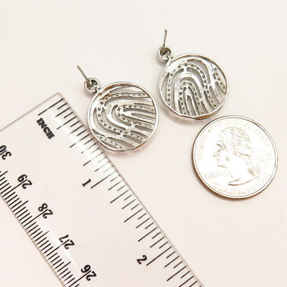 925 Sterling Silver C Z Carved Disc Design Drop Earrings