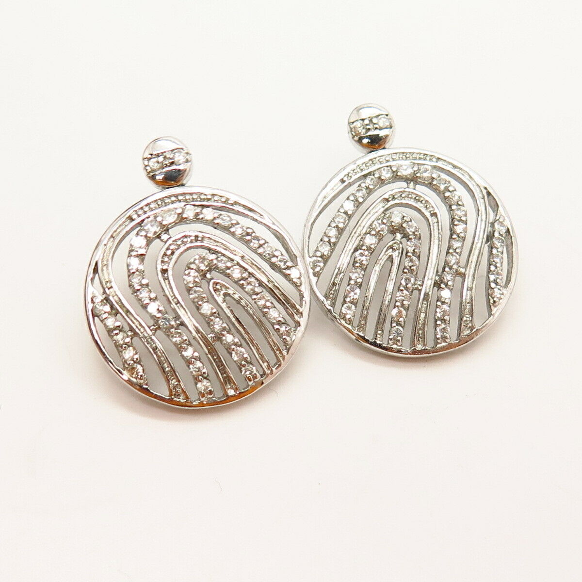 925 Sterling Silver C Z Carved Disc Design Drop Earrings