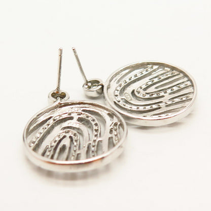 925 Sterling Silver C Z Carved Disc Design Drop Earrings