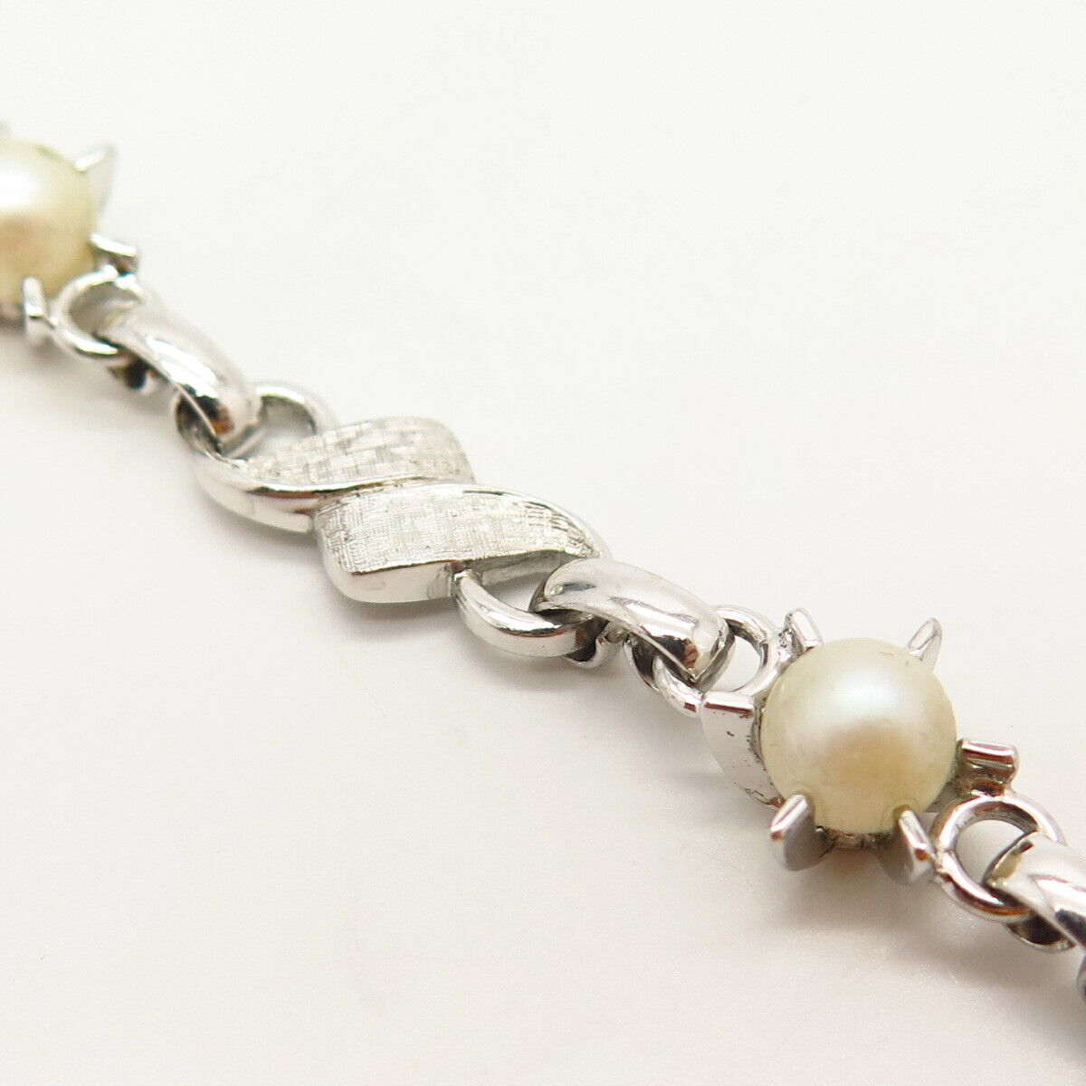 925 Sterling Silver Vintage Lamode Faux Pearl Infinity Link Bracelet 6.5"